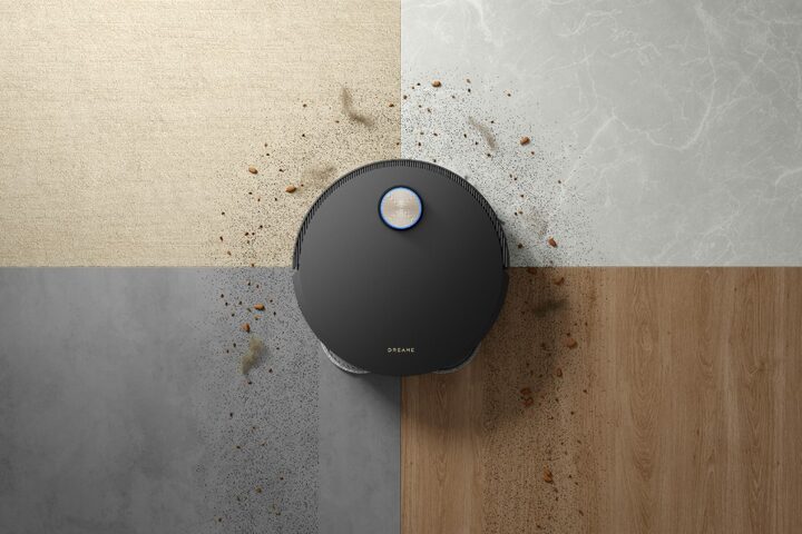 Smart robot vacuum with sensor ring on mixed flooring