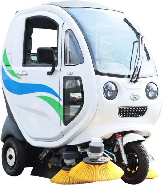 Airuite S1G pure electric sweeper, front three-quarter view with yellow brushes